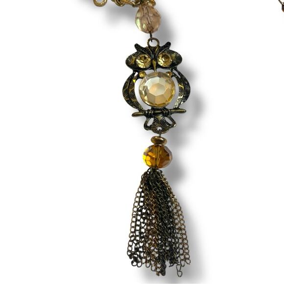 Women’s Owl Tassel Necklace Long Gold Bronze Crystal Beads Multi 19/21” Length - Picture 5 of 9
